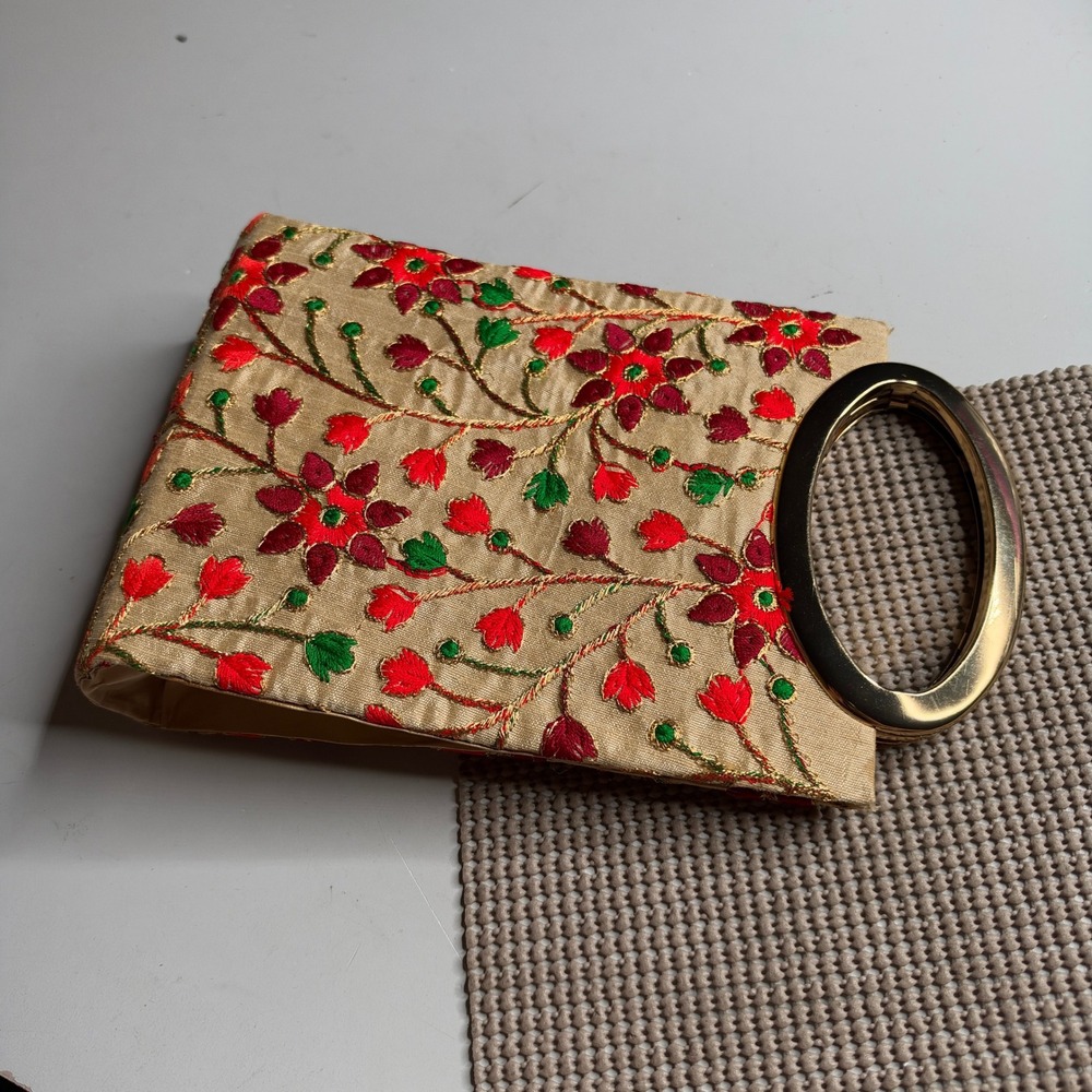 Floral Embroidered Evening Clutch Gold Ring Handle Crossbody Bag Gold Red Green